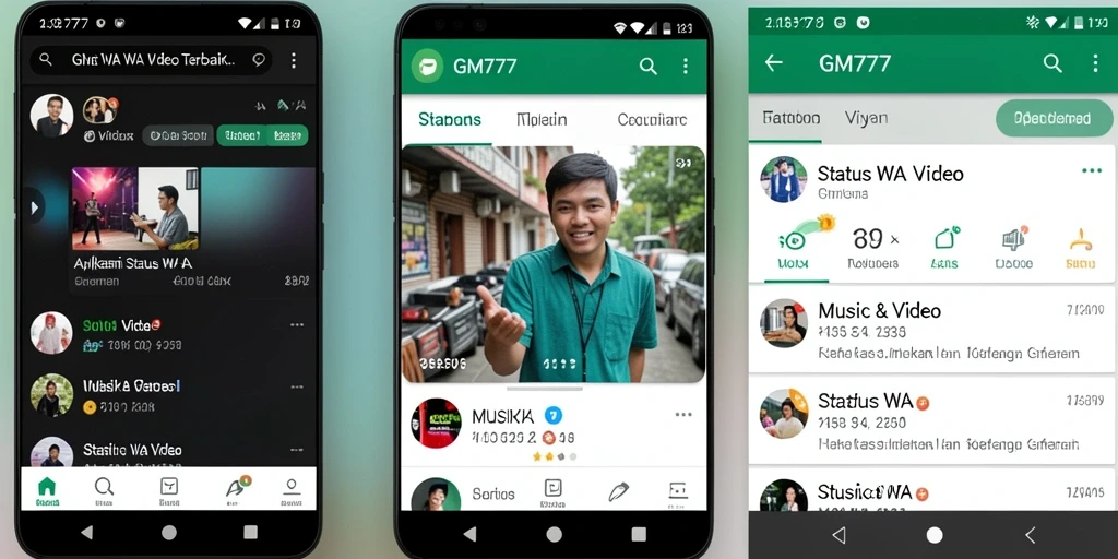 Screenshot utama GM777 menunjukkan antarmuka aplikasi Status WA Video yang intuitif.